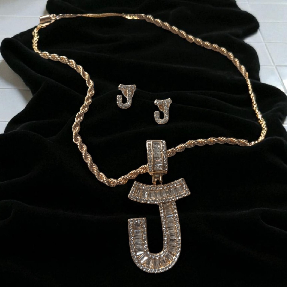 Rhinestone J Initial necklace and earrings